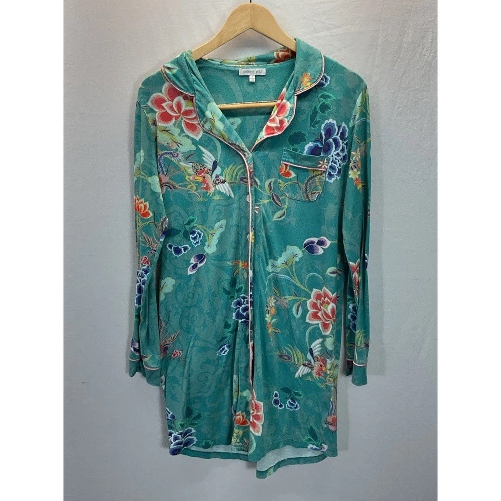 JOHNNY WAS Button Sleep Shirt Dress Sz S Teal Cotton Modal Birds Flowers Soft
